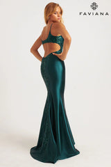 Dark Hunter Green Shiny Satin Long Dress With Open Back And Beaded Lace Embellishment | 11007