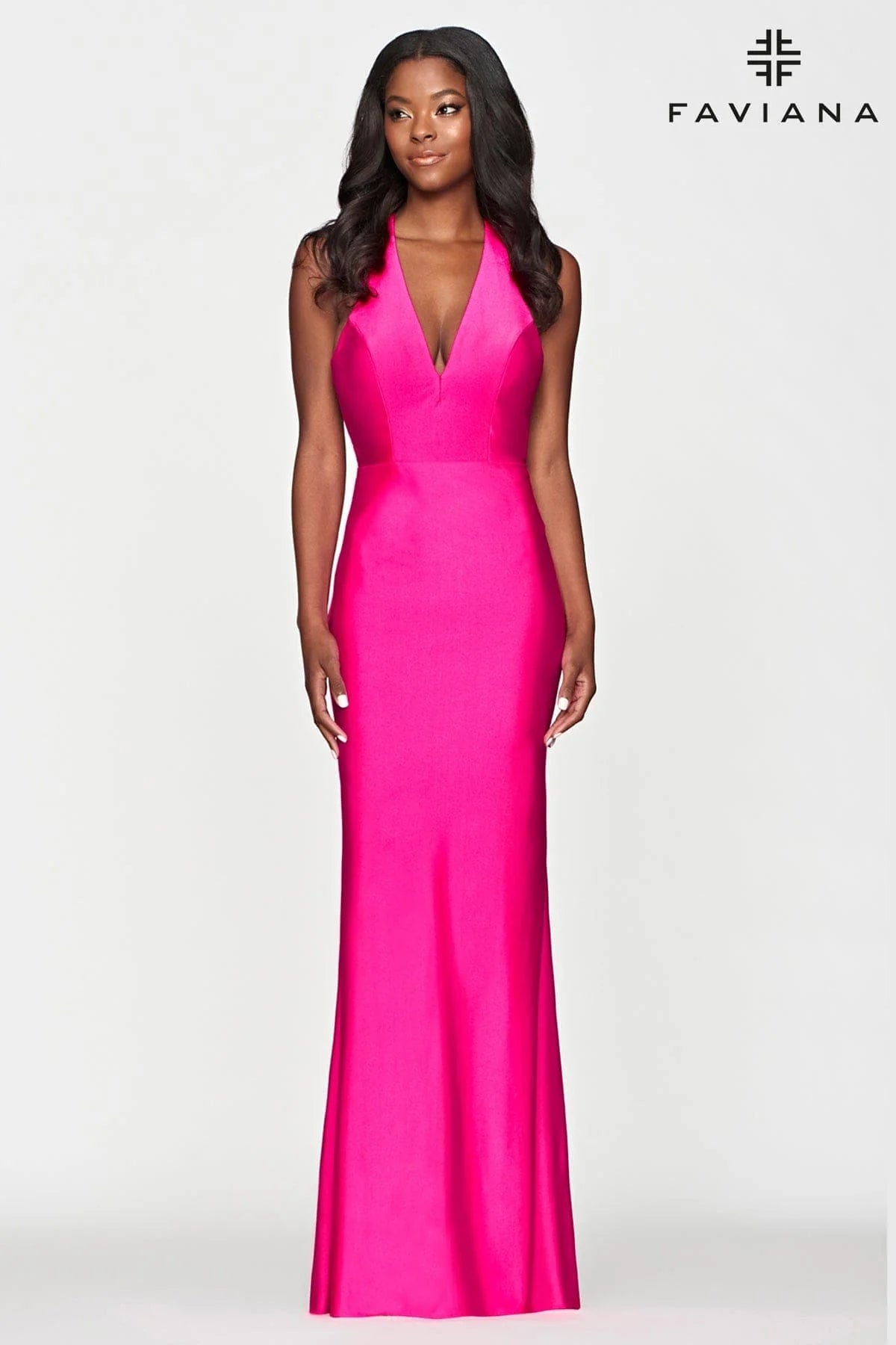 Hot Pink Tight Long V Neckline Dress With Halter Neck And Open Back