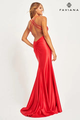 Red Sleek Satin Evening Dress With Scoop Neck And Knot Waist