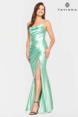 Satin Cowl Neck Dress With Corset Back And Leg Slit