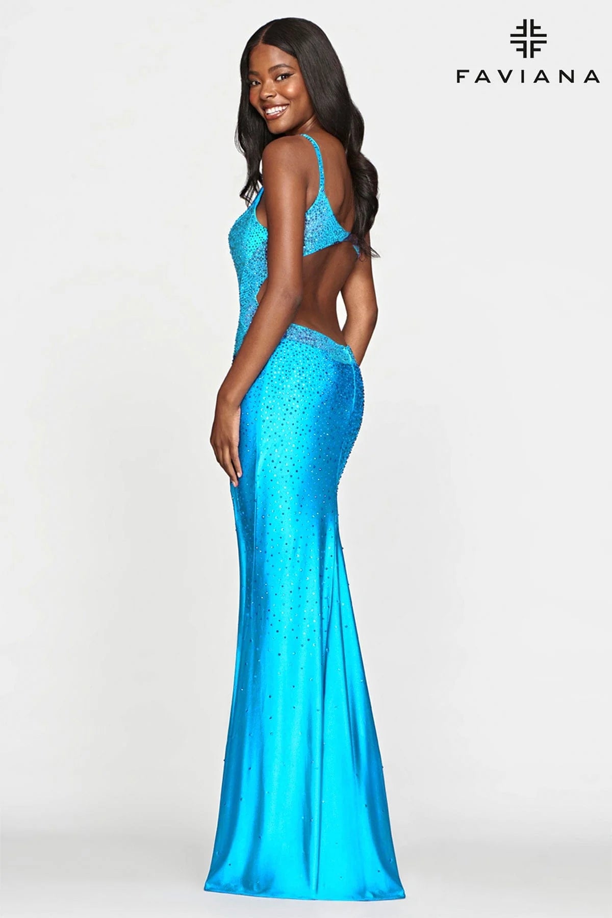 Sea Blue Beaded Open Back V Neck Dress With Rhinestones | S10500