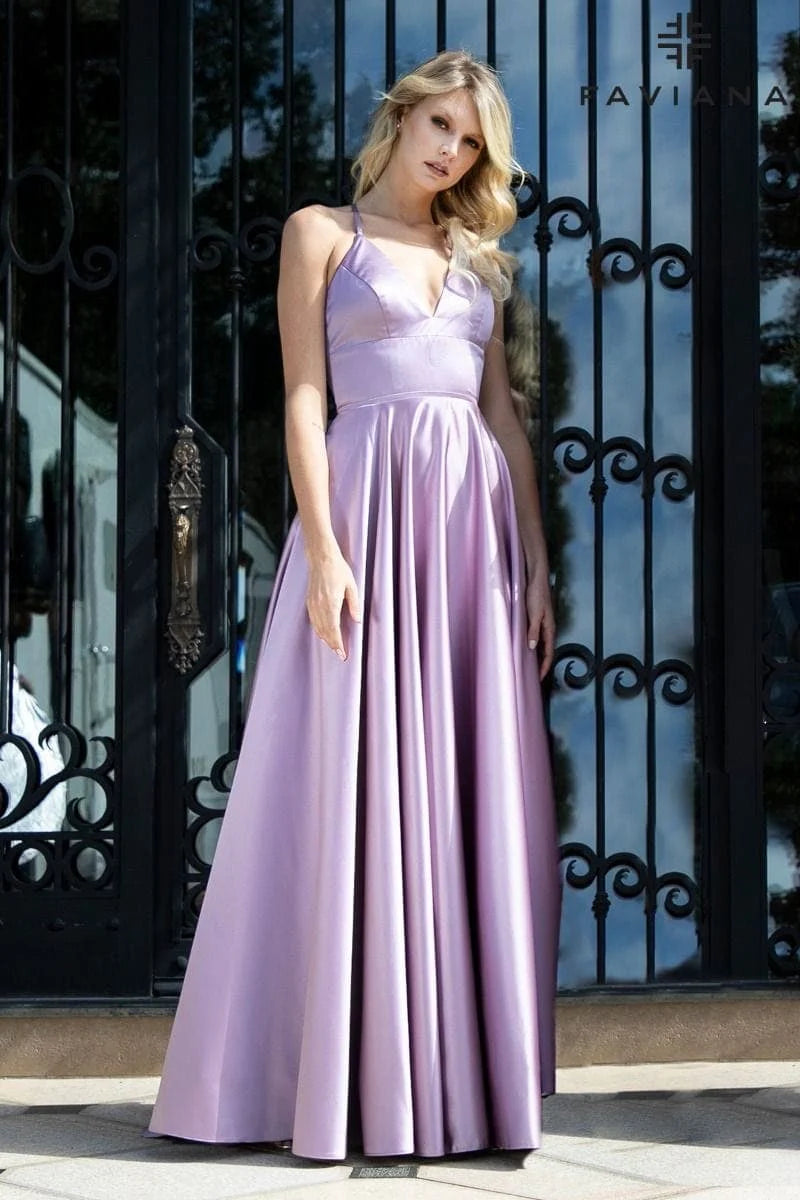 Satin Ballgown Dress With Lace Up Back And V Neck | S10252