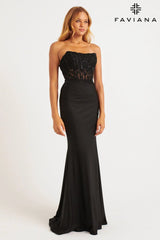 Black Exposed Boning Strapless Corset Dress With Embroidered Appliqué | 11081