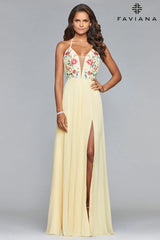 V Neck Long Chiffon Dress With Floral Embroidered Bodice