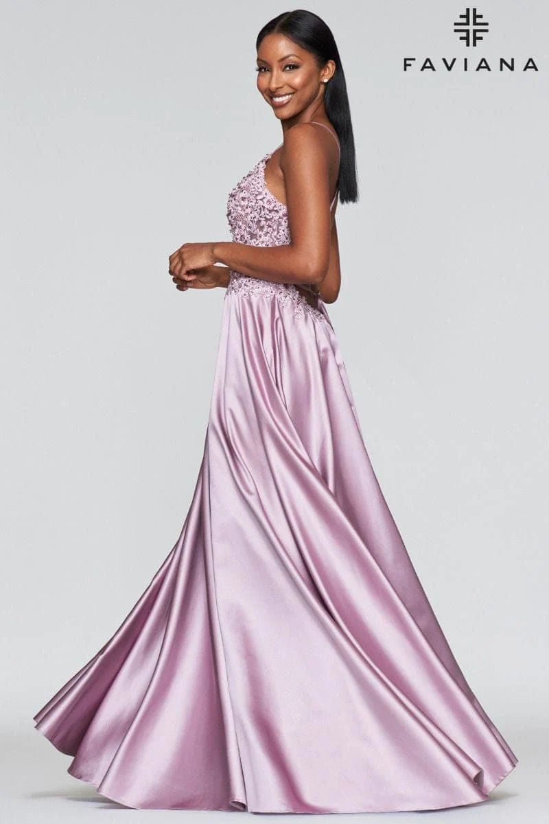 Long Satin Dress With Ballgown Skirt And Beaded Applique