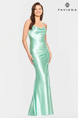 Satin Cowl Neck Dress With Corset Back And Leg Slit