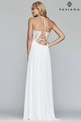 V Neck Long Chiffon Dress With Beaded Lace Applique Bodice