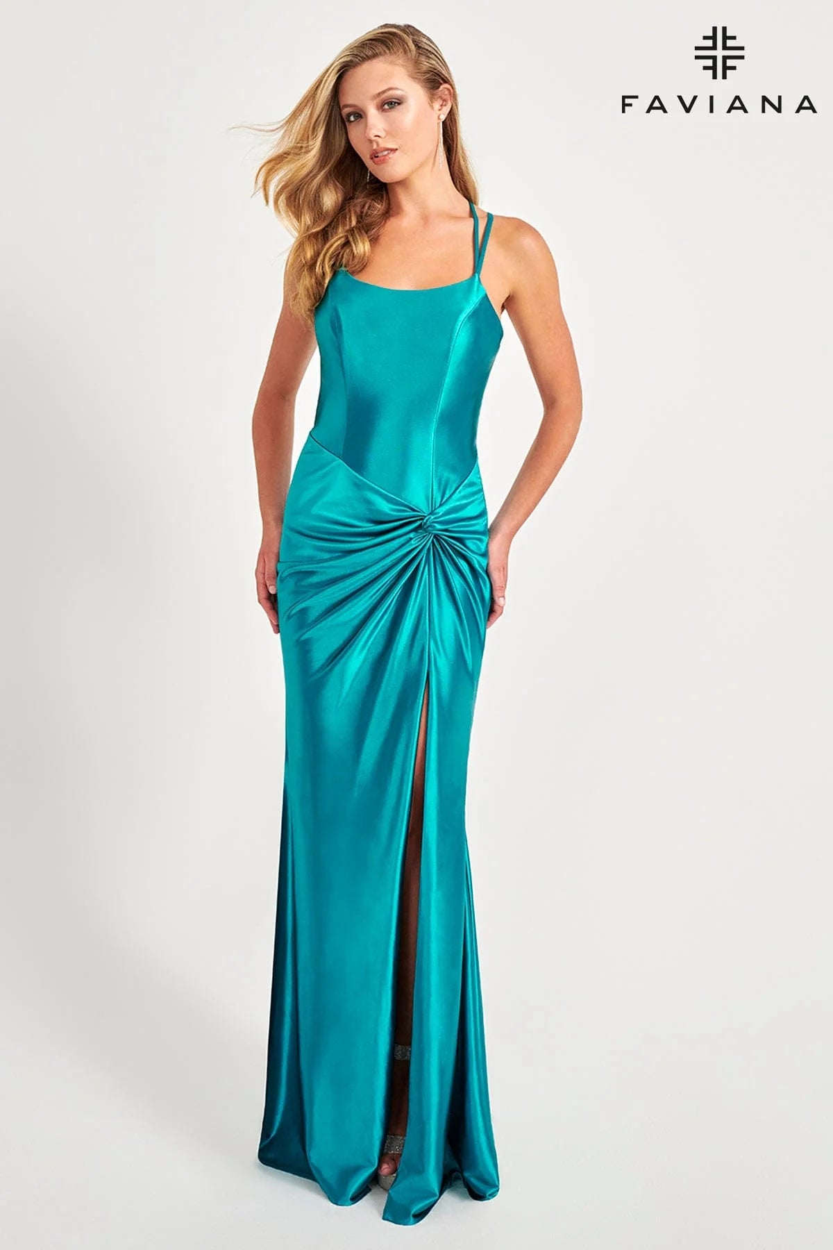 Sleek Satin Evening Dress With Scoop Neck And Knot Waist | 11024