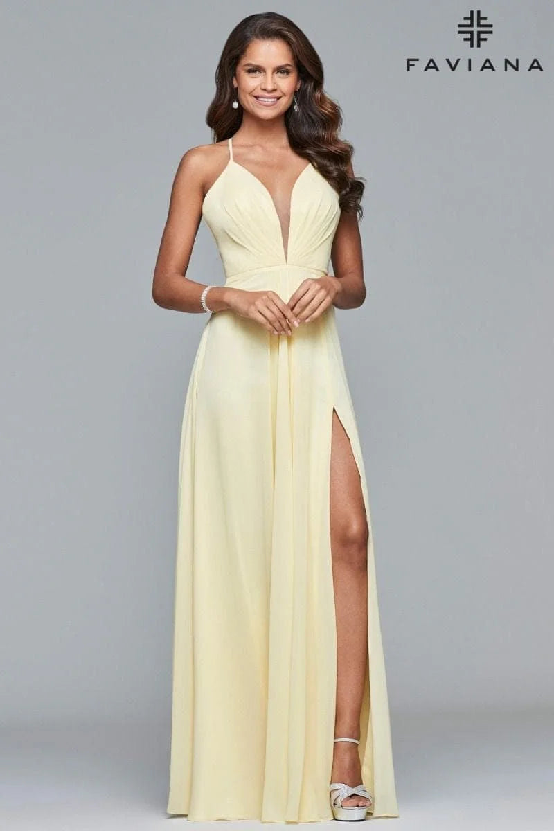 Chiffon V-Neck Evening Dress With Full Skirt And Lace-Up Back