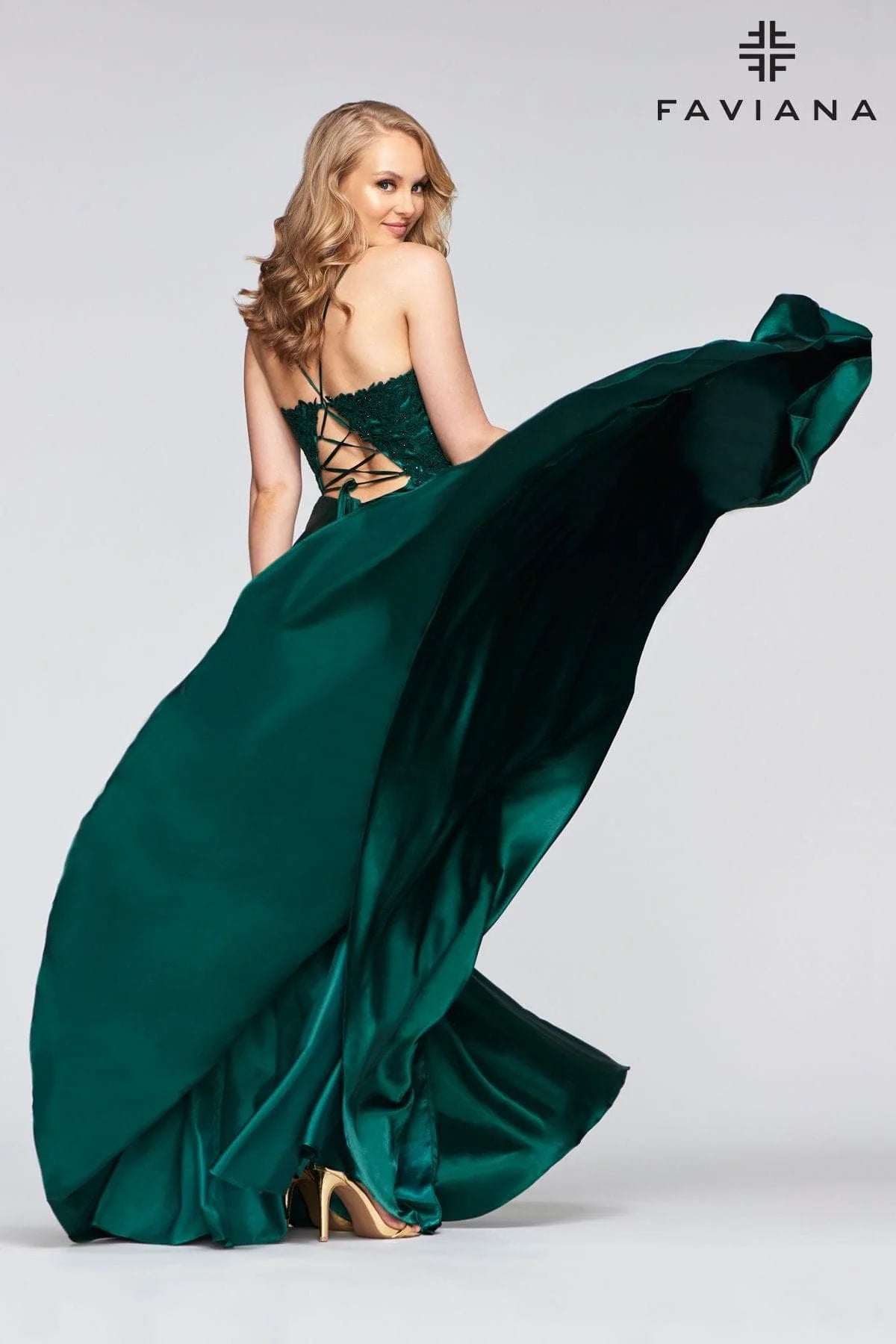 Deep Green Long Flowy Prom Dress With Lace Bustier And Corset Back