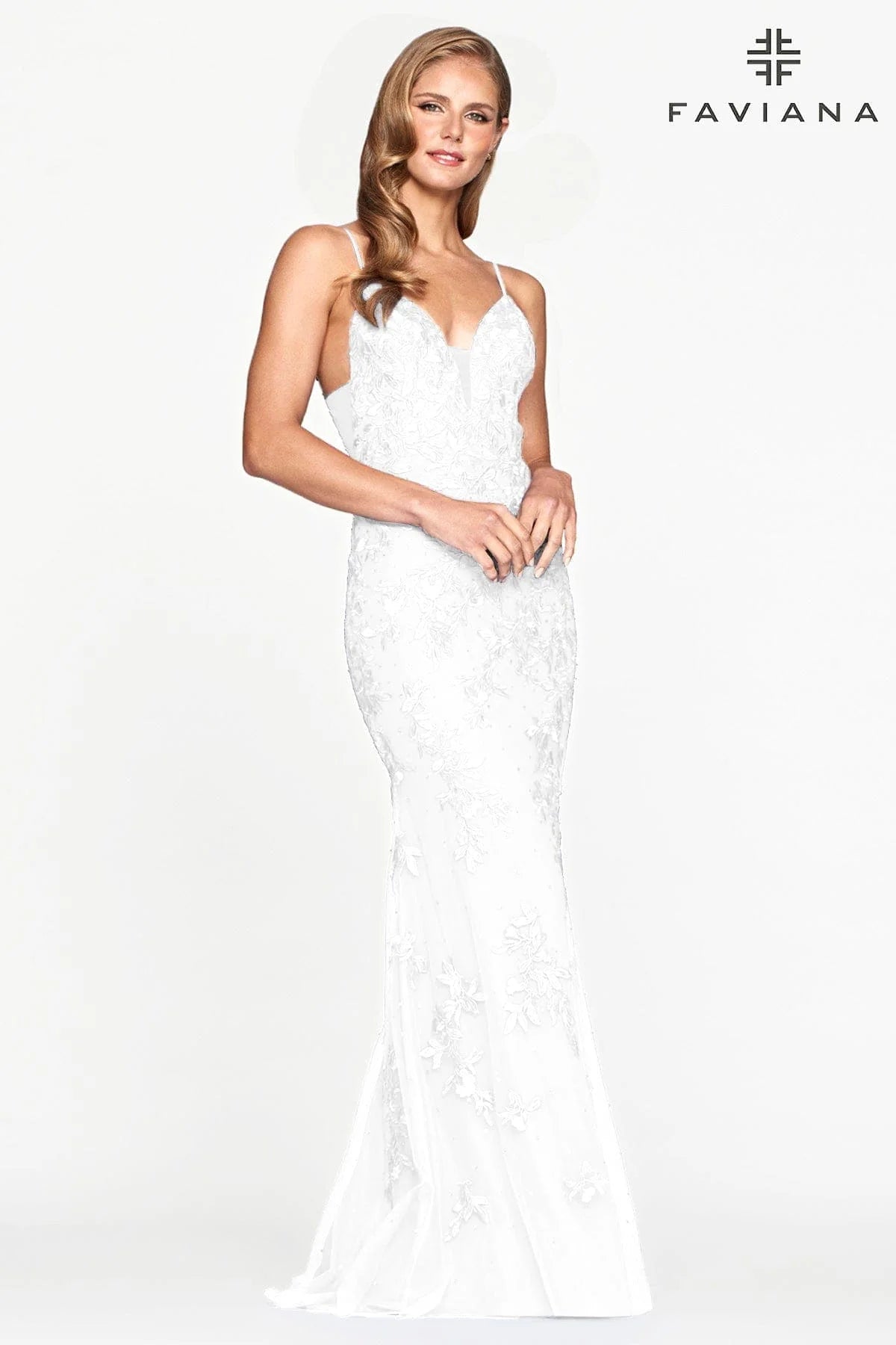 White Lace Prom Dress With Deep V Neckline | S10509