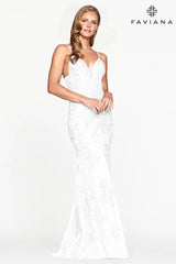 White Lace Prom Dress With Deep V Neckline | S10509