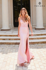 Light Pink Sleek Satin V-Neck Dress For Prom With Beading And Lace-Up Back | 11010