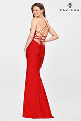 Red V Neckline Prom Dress With Stretch Fabric And Corset Back | S10826