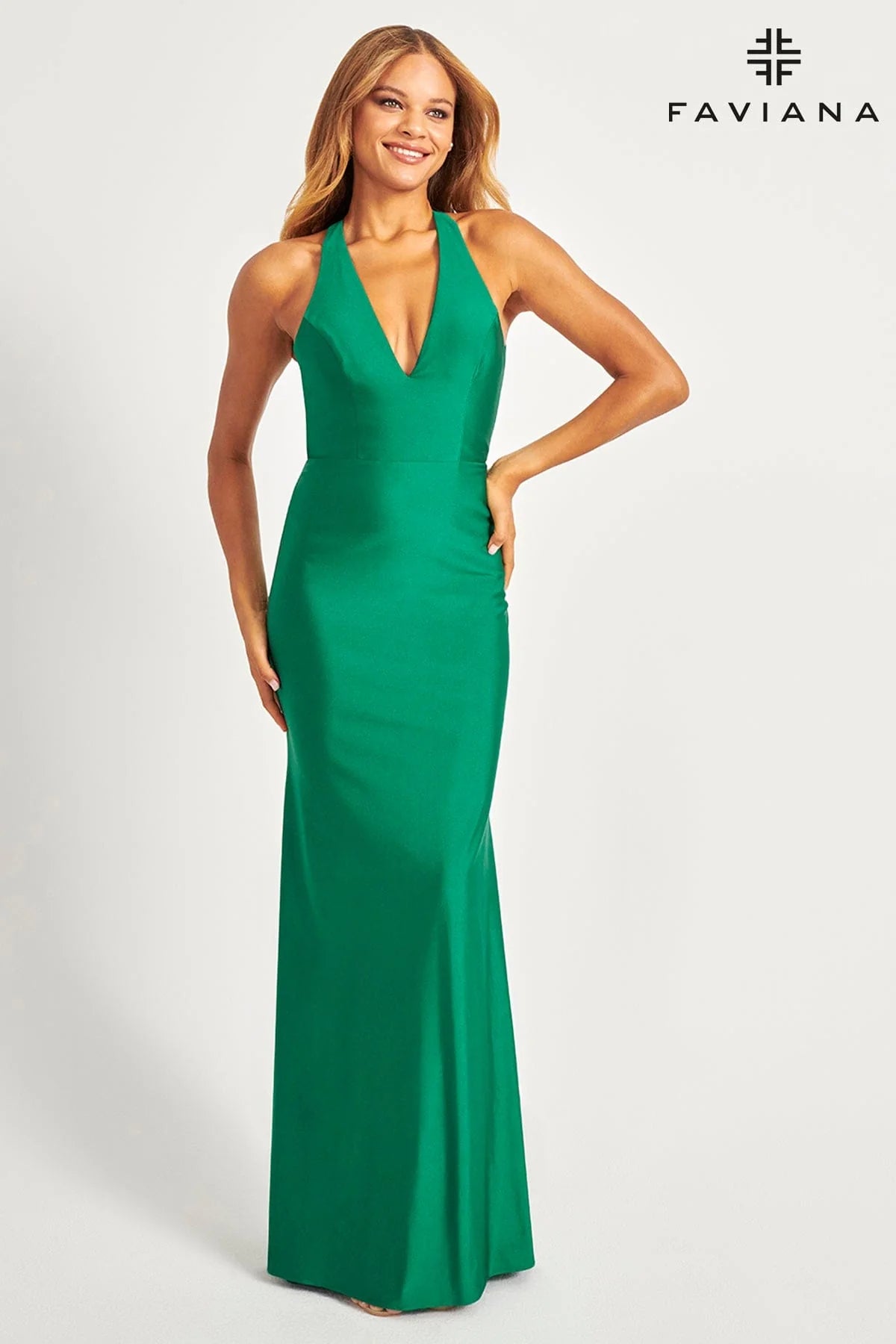 Emerald Tight Long V Neckline Dress With Halter Neck And Open Back