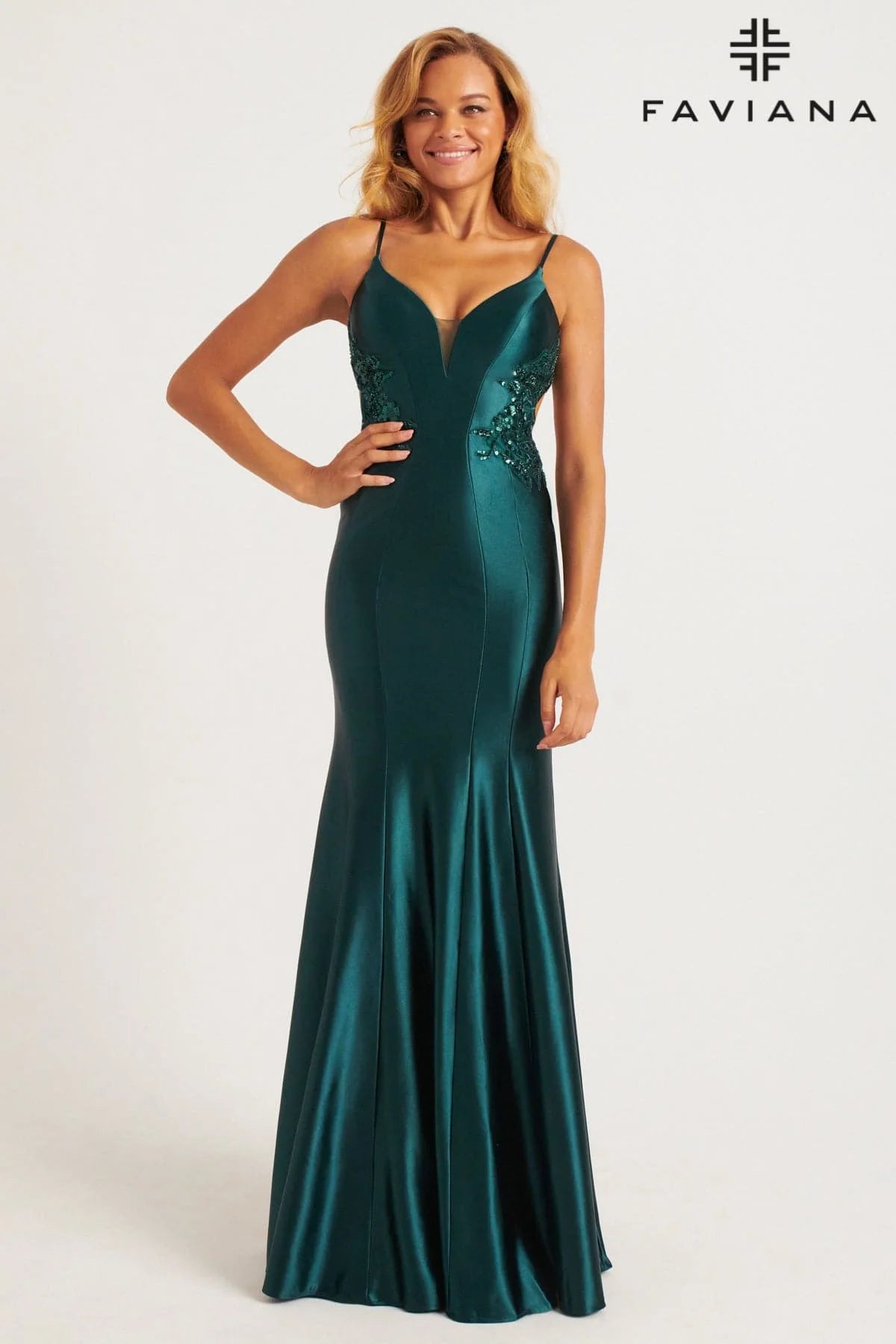 Shiny Satin Long Dress With Open Back And Beaded Lace Embellishment | 11007