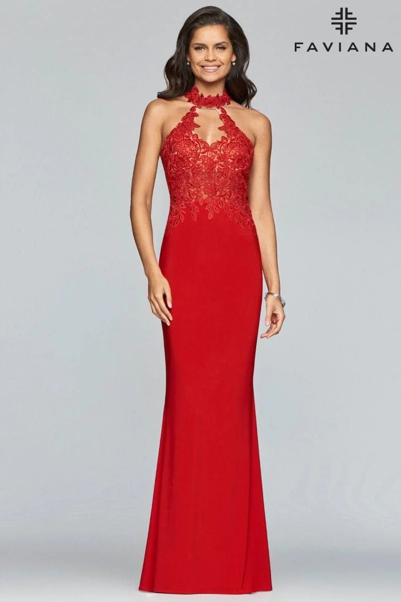 Jersey Halter Evening Dress With Lace Applique Bodice And Choker