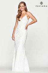 White Lace Long Dress With V Neck And Lace Up Open Back | S10508