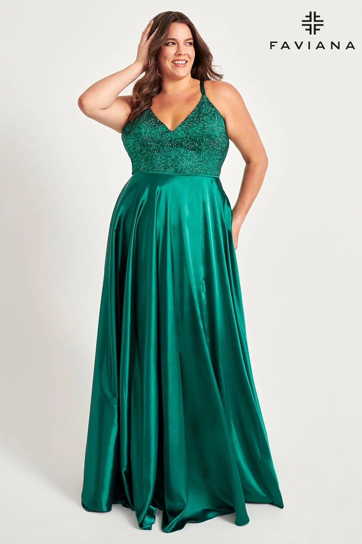 V Neck Long Charmeuse Dress With Beaded Bodice