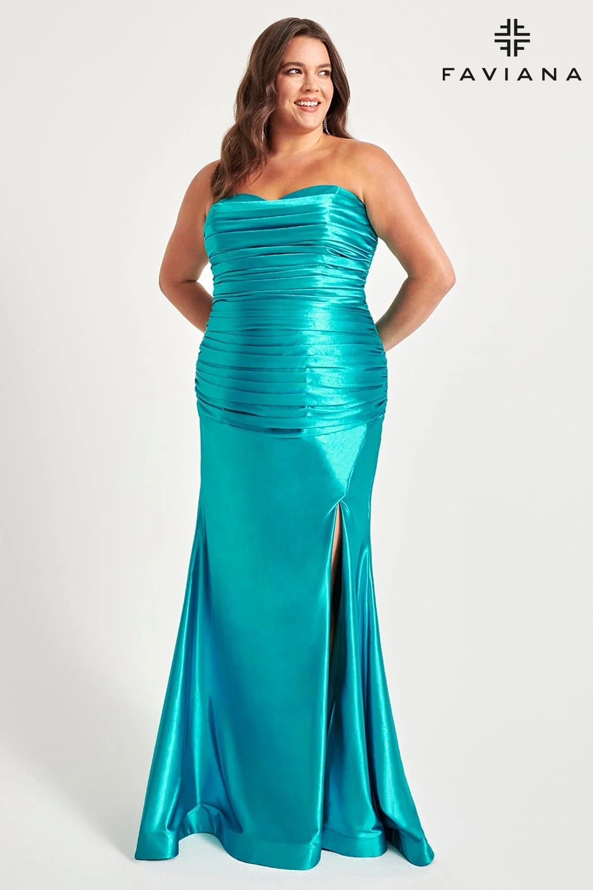 Stretch Satin Plus Size Strapless Dress With Ruching Detail | 9545