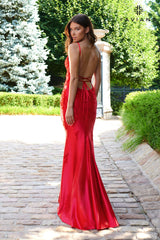 Red Beaded Satin Long V Neck Dress With Open Back | 11245