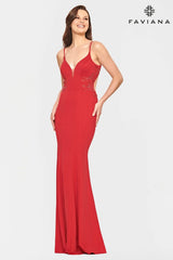 Red Jersey Long Dress With Beaded Lace Applique And Open Back