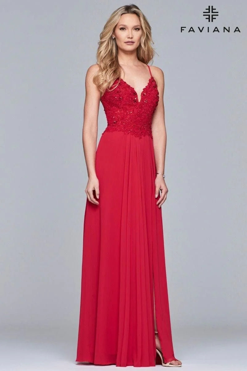 Long Chiffon Cold Shoulder Dress And Lace Applique Bodice