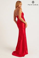 Strapless Satin Appliqué Dress With Side Slit | 11228