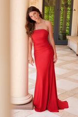 Red Strapless Tight Long Dress With Gathering At The Sides | E11015