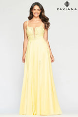 Chiffon Long Prom Dress With Deep V Neckline And Beading Applique