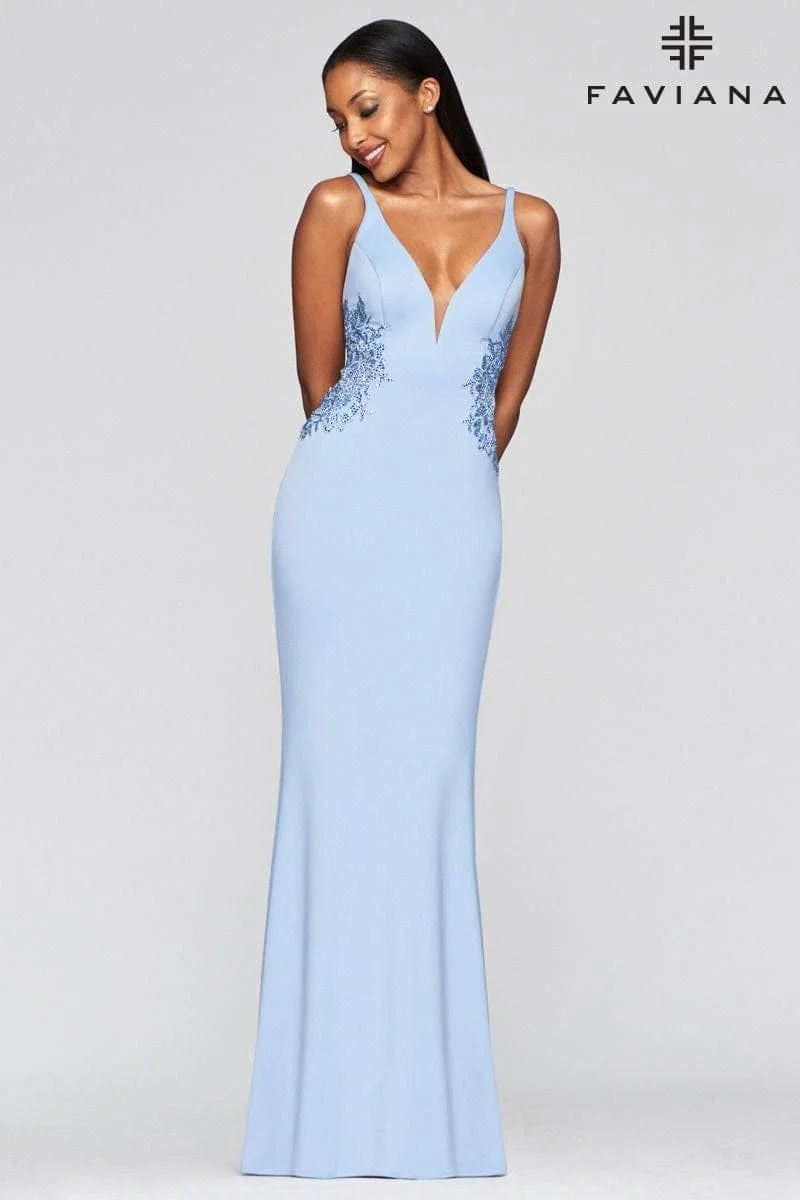 Long V Neck Neoprene Dress With Beaded Applique At Waist And Open Back