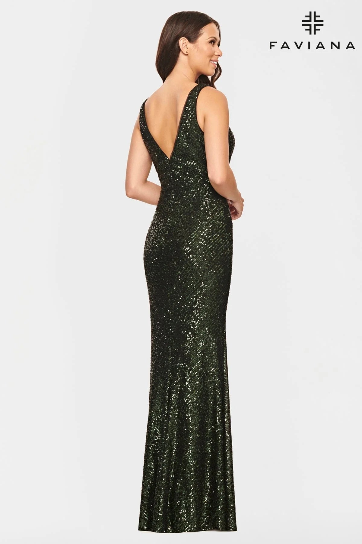 Long V Neck Sequin Dress Featuring Side Slit On Leg