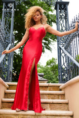 Red Stretch Satin Long Dress With Beaded Lace Appliqué And Open Back | 11253