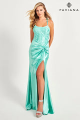 Mint Green Satin Long Gown With Embellished Sequin Bustier And Knot Waist | 11005