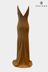 Long V Neck Dress With V Neckline And Linear Beaded Pattern