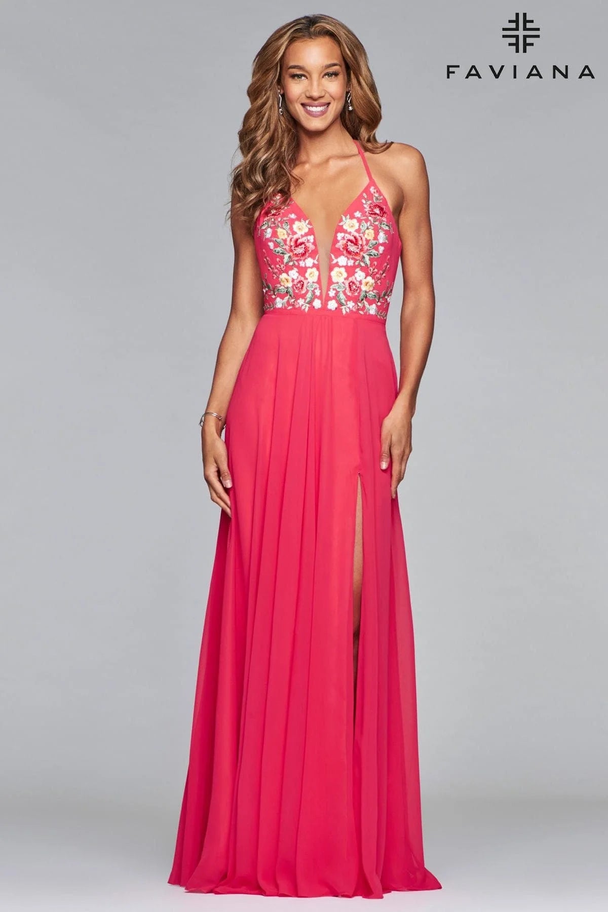 V Neck Long Chiffon Dress With Floral Embroidered Bodice