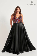 Plus Size Flowy Prom Dress With Silky Skirt And Floral Sequin Bustier | 9558