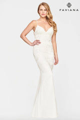 White Beaded Lace Long V Neck Dress With Open Back | S10633