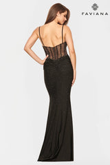 Black V Neck Dress With Corset Back And Rhinestone Beading