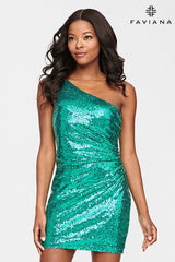 Short Green Sequin Dress With One Shoulder And Ruching