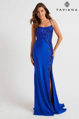 Royal Scoop Neck Gown With Sequin Applique And Lace-Up Back | 11017