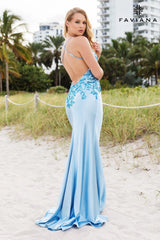 Ice Blue Satin Long Dress With Beaded Lace Appliqué | 11002