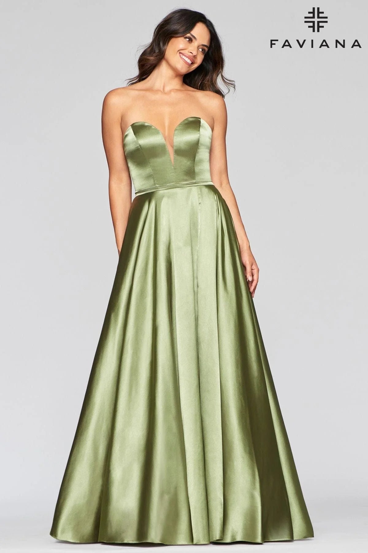 Long Strapless Satin Ball Gown Dress With Deep V Neck