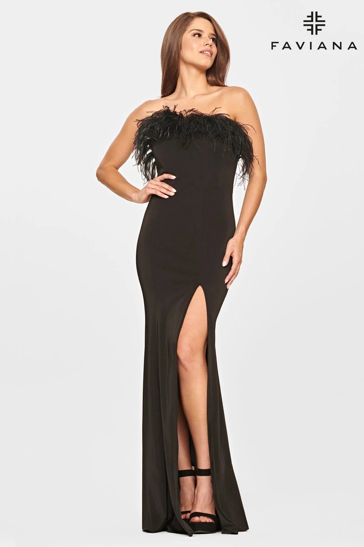 Feather Trim Black Dress With Leg Slit