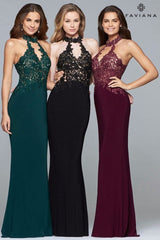 Jersey Halter Evening Dress With Lace Applique Bodice And Choker