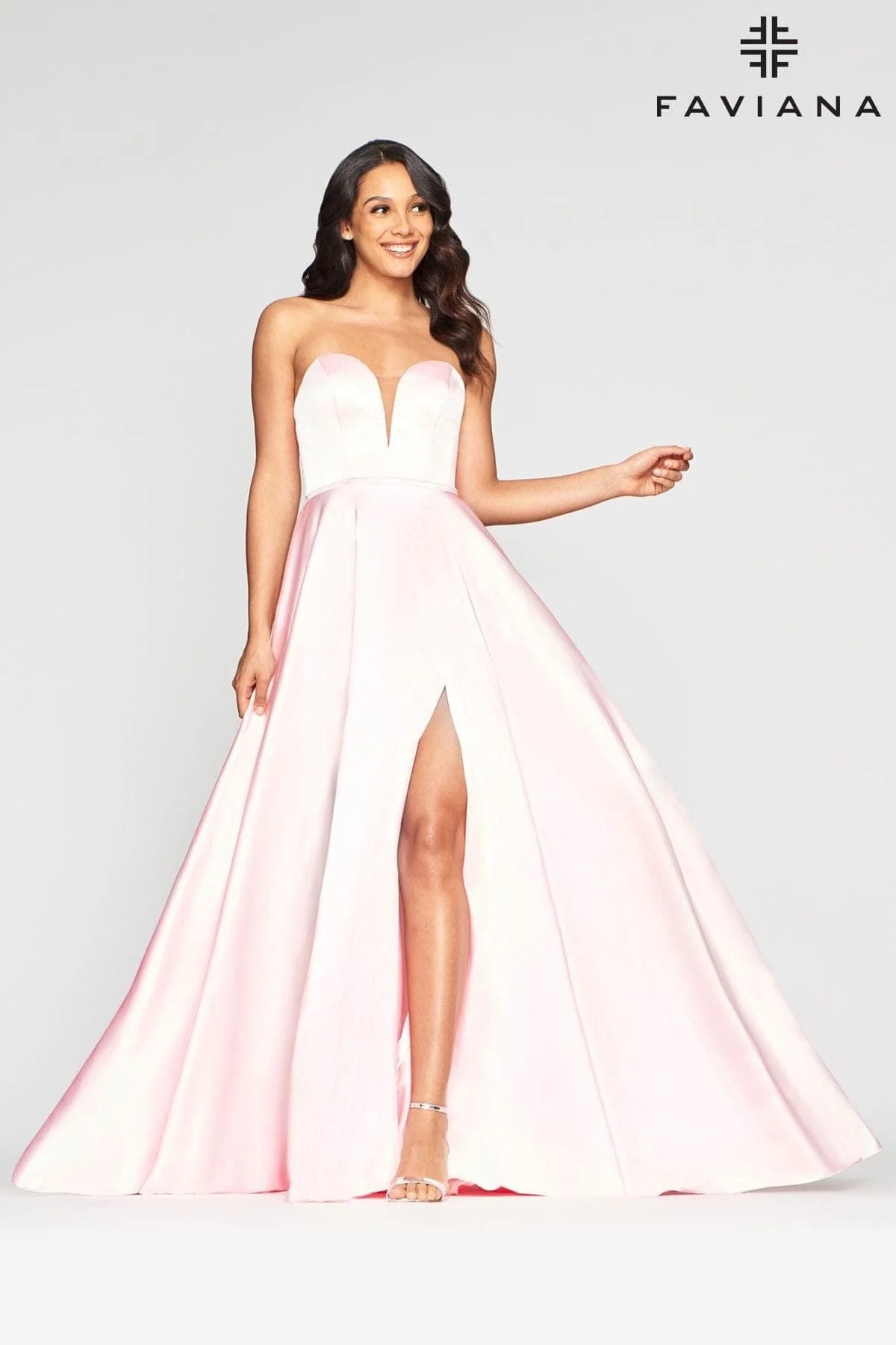 Long Strapless Satin Ball Gown Dress With Deep V Neck