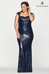 Plus Size Long Sweetheart Sequin Dress With Cap Sleeves