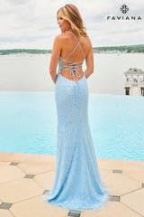 Ice Blue V-Neck Dress With Silver Beaded Appliqué And Side Slit | 11084