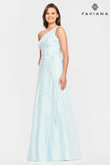 One Shoulder Ball Gown With Tulle And Beaded Applique