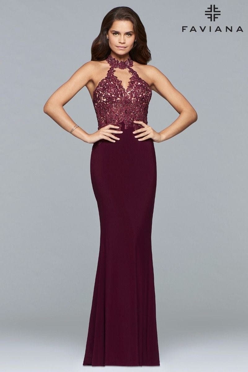 Jersey Halter Evening Dress With Lace Applique Bodice And Choker